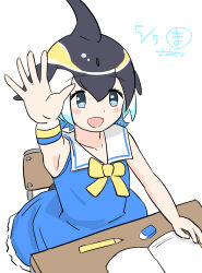 1girl bare_shoulders black_hair blonde_hair blowhole blue_dress blue_eyes blue_hair blush book bow bowtie chair common_dolphin_(kemono_friends) desk dolphin_girl dorsal_fin dress eraser fins frilled_dress frills from_above hair_between_eyes hand_up head_fins highres kemono_friends multicolored_hair open_mouth pencil sailor_collar sailor_dress sasakura_(jgay7435) school_chair school_desk short_hair sidelocks sitting sleeveless smile solo white_hair wristband yellow_bow yellow_bowtie