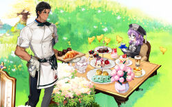 Rule 34 | 1boy, 1girl, bird, cup, highres, holding, holding cup, holding plate, mabinogi, melwyn, official art, outdoors, picnic, plate, player character (mabinogi), sitting, standing