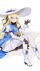 1girl absurdres black_gloves blonde_hair blush boots closed_mouth commentary_request fold-over_boots gloves hat highres hui_yu_yu_yu_ye jacket long_hair long_sleeves looking_at_viewer pantyhose phoebe_(wuthering_waves) pleated_skirt purple_eyes sitting skirt smile solo very_long_hair white_background white_boots white_hat white_jacket white_pantyhose white_skirt wuthering_waves