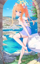 1girl 2025 alternate_costume alternate_hairstyle animal_ear_fluff animal_ears arm_at_side barefoot black_choker blue_archive blue_eyes blue_skirt blue_sky blush bow bracelet casual cat_ears cat_girl chinese_commentary choker closed_mouth commentary_request dated day extra_ears flower full_body hair_between_eyes hair_bow hair_ribbon halo heart high-waist_skirt highres jewelry leaning_forward long_hair looking_at_viewer mari_(blue_archive) midriff ocean orange_hair outdoors pink_flower ribbon sailor_collar scenery shirt shore sichuan_luo_li sidelocks signature skirt sky smile solo standing standing_on_one_leg straight_hair thigh_strap twintails white_bow white_ribbon white_sailor_collar white_shirt yellow_halo