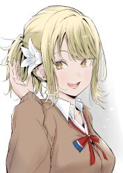 1girl absurdres blonde_hair blush breasts brown_cardigan cardigan collared_shirt commentary flower hair_flower hair_ornament hand_up highres long_sleeves looking_at_viewer love_live! love_live!_nijigasaki_high_school_idol_club medium_breasts medium_hair miyashita_ai neck_ribbon nijigasaki_school_uniform open_mouth orange_eyes ponytail red_ribbon ribbon school_uniform shirt sidelocks solo swept_bangs tommer upper_body white_background white_shirt winter_uniform
