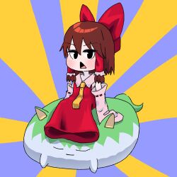 1girl black_eyes blue_background blush bow brown_hair collared_dress cookie_(touhou) daiyousei detached_sleeves diyusi_(cookie) dress flat_chest frilled_hair_tubes frills full_body hair_bow hair_tubes hakurei_reimu highres looking_at_viewer mini_person minigirl neckerchief open_mouth psychic_parrot red_bow red_dress ribbon-trimmed_sleeves ribbon_trim sakenomi_(cookie) short_hair sidelocks sitting sleeveless sleeveless_dress solo sukusuku_hakutaku sunburst sunburst_background touhou triangle_mouth two-tone_background white_sleeves wide_sleeves yellow_background yellow_neckerchief