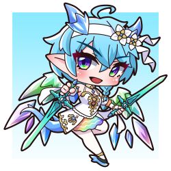Rule 34 | 1girl, :d, absurdres, ahoge, black shoes, blue background, blue hair, breasts, chibi, commentary request, dragon girl, dragon horns, dragon tail, dragon wings, dress, dual wielding, flower, full body, gradient background, hair between eyes, hair flower, hair ornament, hairband, highres, holding, holding sword, holding weapon, horns, looking at viewer, open mouth, pointy ears, princess connect!, purple eyes, rainbow wings, saishosaisekojo, sheffy (princess) (princess connect!), sheffy (princess connect!), shoes, small breasts, smile, solo, standing, standing on one leg, sword, tail, weapon, white background, white dress, white flower, white hairband, wings