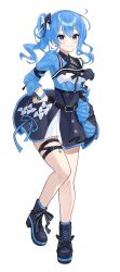 Rule 34 | 1girl, ankle boots, asymmetrical sidelocks, black boots, black leotard, black shirt, black skirt, blue eyes, blue hair, blue overskirt, blue ribbon, blue shirt, boots, center frills, chest harness, closed mouth, collared shirt, cowboy shot, cropped shirt, detached sleeves, double-parted bangs, earrings, frills, full body, hair between eyes, hair ribbon, hands on own hips, harness, highres, hololive, hololive idol uniform (color rise), hoshimachi suisei, idol clothes, jewelry, leotard, leotard under clothes, long hair, looking at viewer, miniskirt, multicolored shirt, nmi mimi, official alternate costume, overskirt, ribbon, shirt, side ponytail, sidelocks, simple background, single detached sleeve, single sleeve, skirt, smile, solo, star (symbol), star earrings, star in eye, symbol in eye, thigh strap, virtual youtuber, white background, white shirt, white skirt, wristband