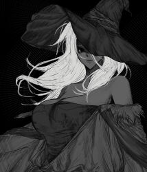 1girl bare_shoulders breasts cleavage dark-skinned_female dark_skin elden_ring elden_ring_nightreign hat highres large_hat limited_palette long_hair recluse_(elden_ring) solo white_hair witch witch_hat xxcurooxx