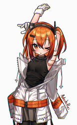 1girl :o a.i._voice adachi_rei android arm_behind_head arm_up black_pantyhose black_shirt blush breasts character_name cowboy_shot culottes doll_joints gloves grey_shorts hair_ornament hairclip headlamp jacket jacket_partially_removed joints kakosa_sama medium_hair one_eye_closed one_side_up open_mouth orange_eyes orange_hair pantyhose partially_open_jacket partially_unzipped radio_antenna shirt shorts simple_background sleeveless sleeveless_shirt small_breasts solo standing stretching turtleneck turtleneck_shirt utau white_background white_gloves white_jacket