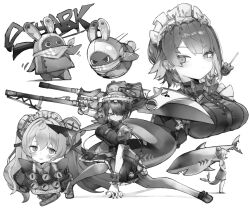2girls aged_down apron bangboo_(zenless_zone_zero) breasts candy commentary_request corin_wickes dress ellen_joe eous_(zenless_zone_zero) fins fish_tail food hair_between_eyes hair_ornament highres holding holding_weapon kotatu_(akaki01aoki00) lollipop long_hair looking_at_viewer maid maid_apron maid_headdress mole mole_under_eye monochrome multiple_girls multiple_views open_mouth pantyhose puffy_short_sleeves puffy_sleeves scissors screw_hair_ornament shark shark_girl shark_tail short_hair short_sleeves simple_background socks tail twintails weapon white_background zenless_zone_zero