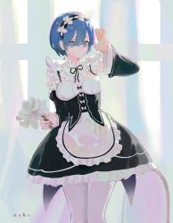 1girl absurdres apron arm_up black_bow black_corset black_dress black_hairband black_ribbon blue_eyes blue_hair bow breasts closed_mouth collar commentary corset cowboy_shot detached_sleeves double-parted_bangs dress english_commentary eyebrows_hidden_by_hair fingernails flower flower_hairband frilled_collar frilled_skirt frilled_sleeves frills hair_between_eyes hairband hand_in_own_hair head_wreath highres holding holding_flower long_eyelashes long_fingernails looking_at_viewer maid medium_breasts neck_ribbon re:zero_kara_hajimeru_isekai_seikatsu rem_(re:zero) ribbon short_hair sidelocks skirt solo standing subu_art thick_eyelashes thighhighs two-tone_dress underbust waist_apron white_bow white_collar white_dress white_flower white_thighhighs wide_sleeves
