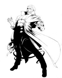 a96507_yoshimitsu abs arms_at_sides coat crossover evil_grin evil_smile fingernails greyscale grin long_coat marvel melty_blood monochrome monster muscular muscular_male nrvnqsr_chaos open_clothes open_hands pants partially_shaded_face pectorals sharp_fingernails sharp_teeth shoes short_hair smile teeth tsukihime vampire venom_(marvel)