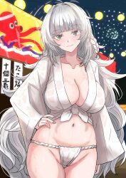 Rule 34 | 1girl, absurdres, azur lane, bare shoulders, blush, braid, breasts, commission, festival, fireworks, fundoshi, grey eyes, grey hair, grey nails, hair intakes, hand on own hip, headband, highres, japanese clothes, ken (shutenndouji1), lantern, large breasts, long hair, looking at viewer, navel, night, octopus, pixiv commission, smile, solo, very long hair, vittorio veneto (azur lane), wet