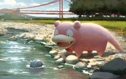 blue_sky bridge cloud day gen_1_pokemon grass looking_at_another nintendo no_humans nostrils okacheke open_mouth outdoors pokemon pokemon_(creature) pokemon_focus pokemon_tcg rock second-party_source shellder sky slowpoke smile suspension_bridge teeth tree water