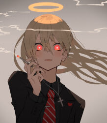 Rule 34 | 1girl, angel, black shirt, blonde hair, bright pupils, cigarette, collared shirt, cross, cross necklace, halo, highres, holding, holding cigarette, jewelry, katsu (katsupainter), long hair, looking at viewer, necklace, necktie, original, parted lips, red eyes, red necktie, shirt, smoke, smoke trail, solo, striped necktie, traditional halo, upper body, white pupils