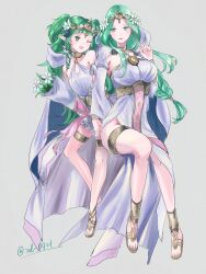 2girls absurdres braid breasts dress fire_emblem fire_emblem:_three_houses fire_emblem_heroes flower green_eyes green_hair hair_flower hair_ornament highres holding jewelry large_breasts long_hair mother_and_daughter multiple_girls nintendo official_alternate_costume open_mouth pointy_ears rhea_(aura_of_love)_(fire_emblem) rhea_(fire_emblem) sandals simple_background smile sothis_(aura_of_love)_(fire_emblem) sothis_(fire_emblem) toes very_long_hair white_background white_dress zel_0921