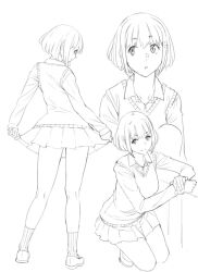 Rule 34 | 1girl, clothes lift, collared shirt, dress shirt, full body, hand on own wrist, kneepits, lifting own clothes, lineart, looking at viewer, looking back, multiple views, original, parted lips, profile, ribbed socks, ryuuta (msxtr), school uniform, shirt, shoes, short hair, sideways glance, skirt, skirt lift, smile, socks, squatting, standing, sweater vest, upper body