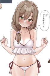 1girl alternate_costume bare_arms bare_shoulders bikini blush breasts brown_hair cleavage closed_mouth collarbone commentary_request cowboy_shot curvy eyelashes eyes_visible_through_hair frilled_bikini frills green_eyes hair_between_eyes halterneck hands_up highres long_hair looking_at_viewer low_ponytail medium_breasts mikuni_sairi navel ponytail side-tie_bikini_bottom smile solo speech_bubble swimsuit tenshi_souzou_re-boot! tft_(tft7822) thick_eyebrows translated tsurime w_arms white_bikini