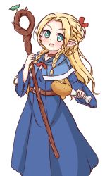 1girl ako_(azusaching0612) braid dungeon_meshi elf female_focus food green_eyes hair_ribbon holding holding_food long_hair marcille_donato marushiru pointy_ears ribbon solo staff