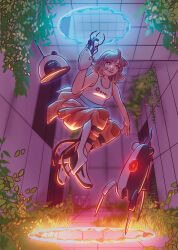 1girl aperture_science_handheld_portal_device aperture_science_weighted_companion_cube breasts brown_hair chell chell_(cosplay) clothes_around_waist commentary cosplay danganronpa_(series) danganronpa_2:_goodbye_despair falling full_body highres holding indoors ivy leaf long_fall_boots medium_hair monokuma nanami_chiaki orange_pants pants pink_eyes portal portal_(object) portal_(series) portal_2 sentry_turret_(portal) shirt sleeveless sleeveless_shirt smile white_shirt xcatmo