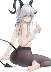 1girl absurdres bare_shoulders barefoot black_horns black_pantyhose black_tail commentary cup curled_horns demon_tail drinking_glass drinking_straw english_commentary feet from_behind grey_hair hair_between_eyes highres holding holding_cup horns long_hair looking_at_viewer nagata_gata pantyhose parted_lips red_eyes simple_background sitting soles solo sports_bra tacet_mark_(wuthering_waves) tail toes wariza white_background white_sports_bra wuthering_waves zani_(wuthering_waves)