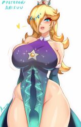 1girl anisdrawn bare_shoulders blonde_hair blue_dress blue_eyes blue_gemstone breasts brooch crown detached_sleeves dress earrings elbow_gloves gem gem_hair_ornament gloves gradient_clothes gradient_dress gradient_gloves hair_over_one_eye highres jewelry large_breasts long_hair looking_at_viewer mario_(series) mario_kart mario_kart_tour mario_kart_world nintendo official_alternate_costume purple_dress rosalina rosalina_(aurora) silver_crown sleeveless sleeveless_dress solo star_(symbol) star_brooch star_earrings upper_body