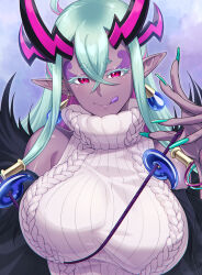 Rule 34 | 1girl, breasts, colored eyelashes, crossed bangs, earrings, fate/grand order, fate (series), fingernails, green hair, horns, ibuki douji (fate), ibuki douji (swimsuit berserker) (fate), ibuki douji (swimsuit berserker) (first ascension) (fate), jewelry, large breasts, licking lips, long fingernails, long hair, looking at viewer, magatama, pointy ears, solo, sweater, tongue, tongue out, zanshi