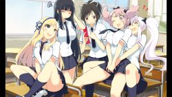 +_+ 5girls ;o absurdres asuka_(senran_kagura) between_breasts black_hair black_ribbon blonde_hair blue_eyes blue_necktie blue_ribbon blue_skirt blue_socks blush breasts bulletin_board cellphone chair classroom cleavage closed_eyes desk eyepatch flip_phone flower-shaped_pupils frown grabbing_from_behind green_eyes hair_ornament hair_ribbon hanzou_academy_school_uniform hibari_(senran_kagura) highres holding holding_phone ikaruga_(senran_kagura) indoors katsuragi_(senran_kagura) large_breasts leaning_back long_hair looking_at_another looking_up multiple_girls necktie necktie_between_breasts non-web_source official_art one_eye_closed open_clothes open_mouth open_shirt paper phone pillarboxed pink_hair pink_pupils pleated_skirt ponytail ribbon school school_desk school_uniform senran_kagura senran_kagura_shoujo-tachi_no_shin&#039;ei shirt short_hair short_twintails shuriken sitting skirt socks squiggle surprised symbol-shaped_pupils twintails unbuttoned weapon white_hair white_ribbon white_shirt wide-eyed window yaegashi_nan yagyu_(senran_kagura)