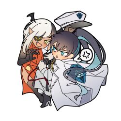 Rule 34 | 2girls, ado (utaite), anger vein, black boots, black gloves, black hair, blue eyes, blue hair, boots, chando (ado), chibi, chibi only, coat, coat on shoulders, colored inner hair, commentary request, dress, elbow gloves, eyepatch, fang, gloves, highres, holding, holding microphone, long hair, lugosi (ado), microphone, mole, mole under eye, multicolored hair, multiple girls, open mouth, orange dress, pants, pike (azas ef), ponytail, show (ado), simple background, spoken anger vein, two-tone hair, white background, white coat, white gloves, white hair, white pants, yellow eyes