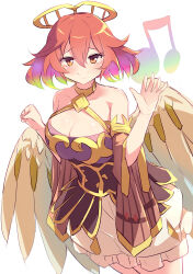 1girl absurdres bare_shoulders blush breasts cleavage closed_mouth collarbone commentary_request dress duel_monster elbow_gloves feathered_wings gloves gransolfachord_musecia halterneck hand_up highres kanzakietc large_breasts long_hair looking_at_viewer musical_note orange_hair purple_dress short_hair solo tagme waving wings yu-gi-oh!