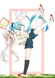 !? 2girls ahoge alternate_costume alternate_hairstyle animal_ear_piercing animal_ears assisted_stretching back-to-back black_bow black_socks blue_hair blue_shorts border bow closed_eyes commentary_request earclip elf facing_to_the_side fangs grass grey_hair gym_uniform hair_bow heart heart_ahoge high_ponytail highres hololive homura_minori inset_border legs_up lifting_person lion_ears lion_girl locked_arms long_hair looking_ahead messy_hair multicolored_hair multicolored_shoes multiple_girls open_mouth outside_border pink_border pointy_ears ponytail red_shoes shirt shishiro_botan shoelaces shoes shorts sidelocks simple_background smile socks speech_bubble standing streaked_hair surprised t-shirt thighhighs translation_request two-tone_shoes very_long_hair virtual_youtuber white_background white_shirt white_shoes white_thighhighs yellow_eyes yukihana_lamy