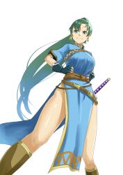 1girl absurdres aojiru_udon bare_legs belt black_gloves blue_dress boots breasts brown_boots dress earrings fingerless_gloves fire_emblem fire_emblem:_the_blazing_blade from_below gloves green_eyes green_hair hands_on_own_hips highres jewelry large_breasts long_hair looking_at_viewer looking_down lyn_(fire_emblem) nintendo pelvic_curtain sheath side_slit simple_background smile solo sword thighs weapon white_background