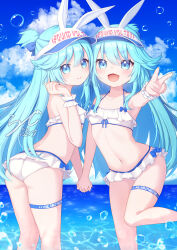 Rule 34 | 2girls, :d, animal ears, ass, bare shoulders, bemani, bikini, bikini skirt, blue eyes, blue hair, blue sky, bubble, closed mouth, cloud, day, frilled thigh strap, frills, hair between eyes, hat, highres, holding hands, long hair, looking at viewer, multiple girls, navel, near (sound voltex), noah (sound voltex), ocean, open mouth, outdoors, rabbit ears, rade (rade 552), sky, smile, sound voltex, standing, striped bikini, striped clothes, swimsuit, thigh strap, very long hair, visor cap, water, water drop, white bikini