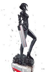 1girl android arm_cannon artbook black_hair blame! bodysuit damaged defeat facial_mark from_side full_body graviton_beam_emitter greyscale hair_between_eyes high_heels highres humanoid_robot joints long_legs mechanical_arms mechanical_legs monochrome nihei_tsutomu oil pale_skin robot robot_joints safeguard_(blame!) sanakan short_hair silicon_creature_(blame!) spot_color weapon white_eyes