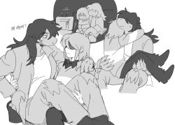 1girl 1other arm_around_neck commentary deltarune furry furry_female greyscale highres hug jacket korean_commentary kris_(deltarune) long_hair monochrome pants sharp_teeth shirt short_hair sitting sitting_on_lap sitting_on_person smile striped_clothes striped_shirt susie_(deltarune) teeth television ttudolee