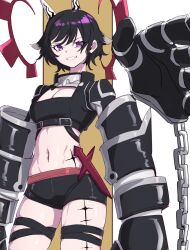 belt black_hair breasts chain cleavage gauntlets grin highres horns medium_breasts midriff minorun9 nue_no_onmyouji open_mouth power_fist purple_eyes short_hair shorts smile thigh_strap tomesode_shitotsu