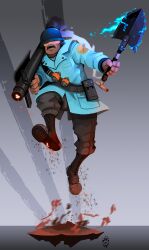 Rule 34 | absurdres, artist logo, bandolier, belt, belt pouch, black boots, blu soldier (tf2), blue coat, boots, coat, combat helmet, commentary, dirt, electricity, english commentary, entrenching tool, explosive, fire, gradient background, grenade, grey background, helmet, highres, holding, holding rocket launcher, holding shovel, holding weapon, insignia, jumping, lapels, logo, m1 helmet, military coat, military uniform, pouch, rocket jumping, rocket launcher, rpg (weapon), shirt, shovel, smoke, smoke trail, soldier (tf2), steel-toe boots, team fortress 2, trench shovel, weapon, white shirt, wolfdawg art