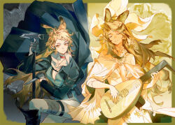 1girl animal_ears arknights bandaged_leg bandages bare_shoulders blonde_hair choker closed_eyes dress fox_ears grey_jacket grey_pants hammer holding holding_hammer holding_instrument holding_knife holding_lute holding_weapon instrument jacket knife long_sleeves lute_(instrument) multiple_views off-shoulder_dress off_shoulder official_alternate_costume pants quercus_(arknights) quercus_(distant_home&#039;s_guide)_(arknights) quercus_(the_bard&#039;s_tale)_(arknights) red_choker sitting weapon white_dress yellow_eyes yuji_(fantasia)