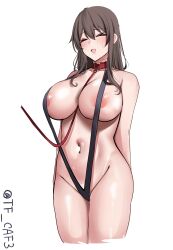 1girl absurdres alternate_costume areola_slip arms_behind_back ashigara_(kancolle) bare_shoulders belt_collar between_breasts black_one-piece_swimsuit breasts cleavage closed_eyes collar commentary_request cowboy_shot cropped_legs groin highres kantai_collection large_breasts leash long_hair navel one-hour_drawing_challenge one-piece_swimsuit open_mouth red_collar slingshot_swimsuit solo stomach strap swimsuit tf_cafe twitter_username very_long_hair