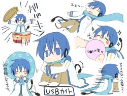 1boy ^_^ back blue_hair blue_scarf chibi closed_eyes colored_eyelashes depressed food ice_cream kaito_(vocaloid) male_focus midriff_peek mini_person miniboy multiple_views oharu scarf simple_background sitting sparkle translation_request usb vocaloid white_background