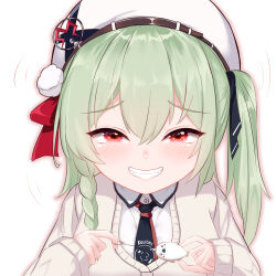 Rule 34 | 1girl, beret, black necktie, black ribbon, blush, braid, cardigan, collared shirt, cord pull, crime prevention buzzer, crime prevention buzzer threat, green hair, grin, hair between eyes, hat, highres, huanxiang koudai meow, indie virtual youtuber, long hair, long sleeves, looking at viewer, mesugaki, mozhe inkian, naughty face, necktie, one side up, portrait, red eyes, ribbon, shirt, simple background, smile, smug, solo, upper body, white background, white hat, white shirt