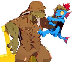 1boy 1girl aged_down beard black_tank_top blue_skin brown_hat brown_pants brown_shirt carrying carrying_person child clenched_hands colored_sclera colored_skin eye_contact facial_hair fewer_digits fins fish_girl fish_tail furry furry_male gerson green_skin hand_on_another&#039;s_head hat head_fins kanianoreki lifting_person looking_at_another old old_man one_eye_closed open_mouth pants pocket sharp_teeth shirt signature slit_pupils tail tank_top teeth turtle_boy twitter_username undertale undyne white_background yellow_sclera