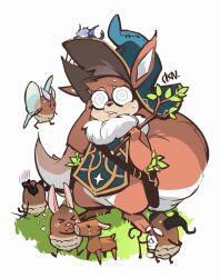 1girl afk_(series) afk_arena animal_ears artist_name barefoot buck_teeth closed_mouth commentary_request furry furry_female highres holding holding_stick okn_369 on_grass pippa_(afk) round_eyewear squirrel_ears squirrel_girl squirrel_tail stick sweat tail teeth white_background