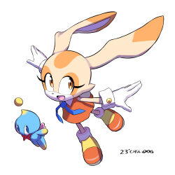 1girl 1other animal_ears bow bowtie brown_eyes chao_(sonic) cheese_(sonic) child chilidog_(lumchan777) cream_the_rabbit dress flying furry furry_female highres neutral_chao orange_dress rabbit_ears rabbit_girl red_bow red_bowtie smile solo_focus sonic_(series) standing tachi-e wings