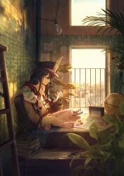 1girl acoustic_guitar asagi_futsuka ball barefoot black_hair blurry blurry_foreground book book_stack brick_wall commentary_request fate/grand_order fate_(series) guitar hat headphones headphones_around_neck highres holding holding_guitar holding_instrument indian_style indoors instrument jacket miniskirt music oda_nobunaga_(fate) oda_nobunaga_(swimsuit_berserker)_(fate) overhead_lights peaked_cap plant playing_guitar playing_instrument plectrum potted_plant radio red_eyes single_bare_shoulder sitting skirt window