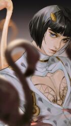 1boy animal bare_pectorals bird black_background black_hair blue_eyes blunt_bangs blunt_ends blurry blurry_foreground bob_cut bruno_bucciarati center_opening chest_tattoo cleavage_cutout closed_mouth clothing_cutout crane_(animal) eyelashes formal_clothes gradient_background head_tilt heart heart_tattoo high_collar highres jojo_no_kimyou_na_bouken looking_at_viewer male_focus mature_male pale_skin patterned_clothing pectorals short_hair sidelocks simple_background solo suit sxx7_sxx7 tattoo two-tone_background upper_body vento_aureo white_background white_suit zipper zipper_pull_tab