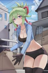 1girl absurdres alternate_costume black_gloves black_shorts black_tank_top black_thighhighs blue_jacket blue_sky breasts city cleavage closed_mouth cloud collarbone commentary_request cowboy_shot crop_top cropped_jacket dolri genshin_impact gloves green_hair hair_between_eyes highres jacket kuki_shinobu looking_at_viewer medium_breasts micro_shorts navel outdoors package platform_truck ponytail purple_eyes rope shimenawa shorts sidelocks sky solo stomach tank_top thighhighs