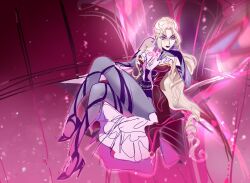 1girl bad_id bad_twitter_id beads blonde_hair breasts bridal_gauntlets chocofish cleavage closed_mouth collared_dress commentary diamond_(gemstone) dress drill_hair elbow_gloves english_commentary expressionless eyelashes eyeshadow fairy fairy_wings frilled_dress frills full_body gem genderswap genderswap_(mtf) gloves grey_gloves grey_pantyhose hair_beads hair_ornament hand_on_own_chin high_collar high_heels highres indoors leg_ribbon leotard light_particles lipstick long_hair long_sidelocks magical_girl makeup medium_dress nail_polish on_throne open_clothes open_dress pantyhose parted_bangs pink_eyeshadow pink_gemstone purple_bridal_gauntlets purple_eyes purple_leotard purple_lips purple_nails purple_ribbon purple_shoes red_dress red_wings ribbon see-through_clothes see-through_gloves shoes sidelocks sitting sleeveless sleeveless_dress solo stiletto_heels transparent_wings valtor_(winx_club) very_long_hair wavy_hair wings winx_club