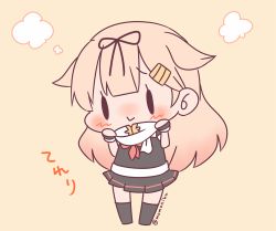 10s 1girl :&gt; :v bad_id bad_twitter_id black_legwear black_ribbon blonde_hair blush chibi closed_mouth commentary_request female_focus hair_flaps hair_ornament hair_ribbon hairclip kantai_collection long_hair lowres momoniku_(taretare-13) no_shoes pleated_skirt red_ribbon ribbon scarf simple_background skirt solid_oval_eyes solo translation_request twitter_username yuudachi_(kancolle) yuudachi_kai_ni_(kancolle)