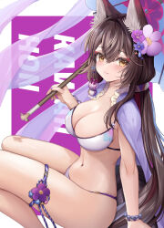 Rule 34 | 1girl, animal ear fluff, animal ears, bikini, black hair, blue archive, blush, breasts, capelet, character name, cleavage, closed mouth, collarbone, flower, fox ears, fox girl, fox tail, fujimori shiki, hair flower, hair ornament, halo, highres, holding, holding umbrella, large breasts, long hair, looking at viewer, navel, official alternate costume, parasol, purple capelet, red halo, smile, solo, stomach, swimsuit, tail, tail flower, tail ornament, thighs, umbrella, wakamo (blue archive), wakamo (swimsuit) (blue archive), white bikini, yellow eyes