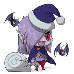 1boy artist_name chibi christmas cloak copyright_notice demon demon_horns demon_wings deviantart_username facial_mark flying full_body gold_belt hair_over_one_eye hat holding holding_sack horns instagram_username lavleyart long_hair male_focus meme multiple_persona nintendo non-web_source open_mouth padoru_(meme) pale_skin pants pointy_ears purple_cloak purple_hair purple_tunic red_eyes red_pants red_sandals sack sandals santa_hat self-upload sharp_teeth sidelocks simple_background solo standing teeth the_legend_of_zelda the_legend_of_zelda:_the_minish_cap tongue tunic vaati white_background wings