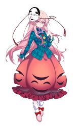 1girl aqua_shirt artist_request bow bowtie breasts buttons closed_mouth collared_shirt commentary commentary_request english_commentary full_body hata_no_kokoro highres long_hair long_sleeves looking_at_viewer mask mask_on_head mixed-language_commentary orange_skirt pink_eyes pink_hair pink_shoes psd_available purple_bow purple_bowtie second-party_source shirt shoes skirt skirt_cutout socks solo tachi-e touhou transparent_background very_long_hair white_socks