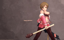 ammunition_belt bare_shoulders brown_hair chocolate green_eyes gun hair_ornament hairclip hard-translated high-explosive_anti-tank_(warhead) highres machine_gun man-portable_anti-tank_systems matsumae_takumi midriff original pantyhose panzerfaust recoilless_gun short_hair third-party_edit translated valentine weapon